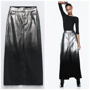 ZARA LONG FOIL DENIM SKIRT